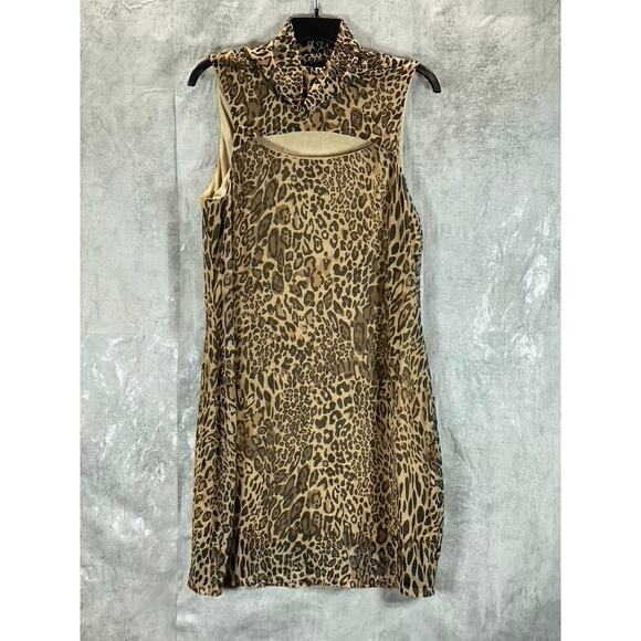 BAR III Women's Cheetah Printed Sleeveless Mock-Neck Cutout Bodycon Dress SZ XL - Picture 2 of 11